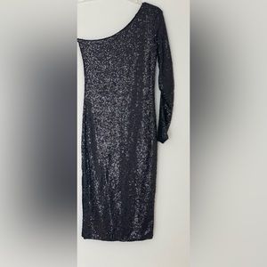 Black, one shoulder, midi length with side slit, sequin dress.